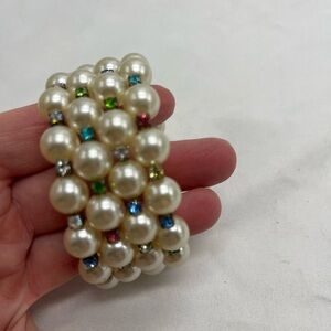 Vintage Wrap Around Coil Snake Bracelet with Faux Pearls Colored Rhinestones